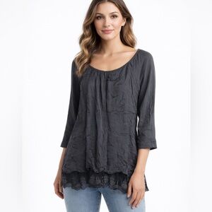 M for Bolide Black Silk Blend Lace Hem 3/4 Sleeve Blouse Top Size M